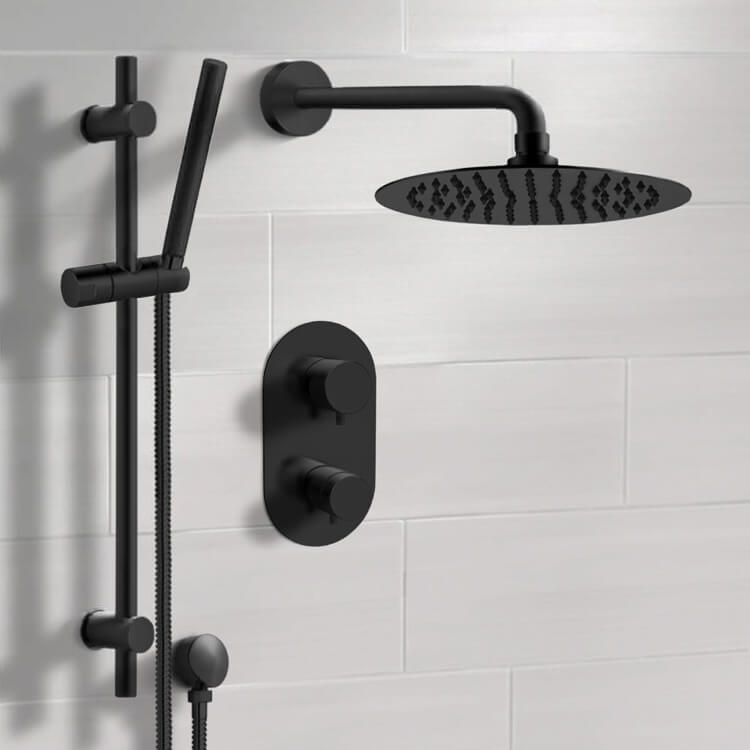 Remer SFR45-10 Matte Black Thermostatic Shower System with 10 Inch Rain Shower Head and Hand Shower